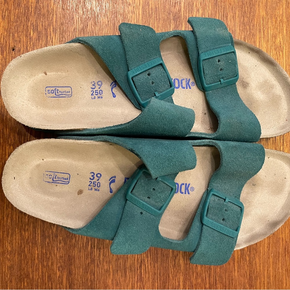 Birkenstocks, soft green leather, nearly new, size 39